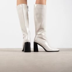 RAID Lenore Knee High Boot In Off White Crinkle Patent -Chic Shoes Shop Lenore White 3
