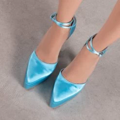 RAID Pearly Platform Heel Pump In Blue Satin -Chic Shoes Shop Pearly Blue 2