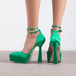 RAID Pearly Platform Heel Pump In Green Satin -Chic Shoes Shop Pearly Green 3