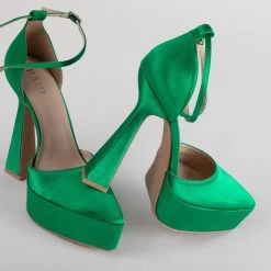 RAID Pearly Platform Heel Pump In Green Satin -Chic Shoes Shop Pearly Green 4